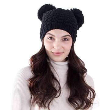 Women's Winter Chunky Knit Black Beanie Hat with Double Pom Pom Ears