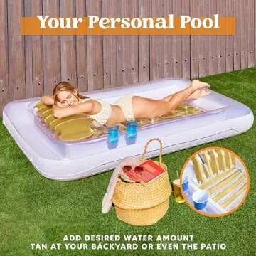 SLOOSH Inflatable Tanning Pool Lounger Float, 85" x 57" Extra Large Pool Floats Adult with Pillow, 4 in 1 Suntan Tub Raft Floatie,Sunbathing Bed Lounge for Water Blow Up Ball Pit, XL-Golden White