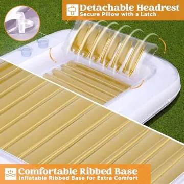 SLOOSH Inflatable Tanning Pool Lounger Float, 85" x 57" Extra Large Pool Floats Adult with Pillow, 4 in 1 Suntan Tub Raft Floatie,Sunbathing Bed Lounge for Water Blow Up Ball Pit, XL-Golden White