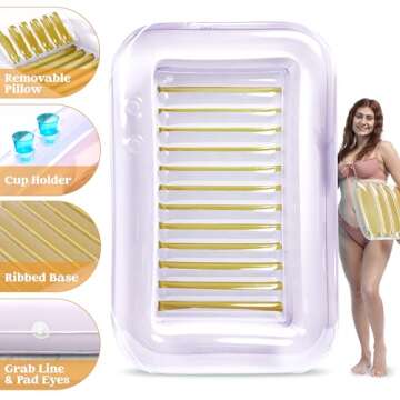 SLOOSH Inflatable Tanning Pool Lounger Float, 85" x 57" Extra Large Pool Floats Adult with Pillow, 4 in 1 Suntan Tub Raft Floatie,Sunbathing Bed Lounge for Water Blow Up Ball Pit, XL-Golden White