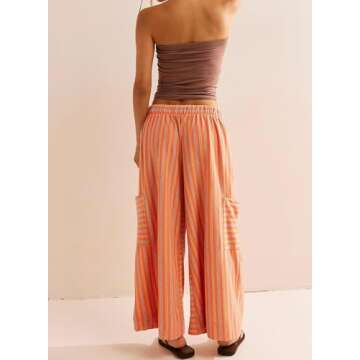 EVALESS Palazzo Pants for Women Trendy 2025 Wide Leg High Waisted Summer Beach Loose Striped Trousers with Pockets Orange S