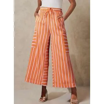 EVALESS Palazzo Pants for Women Trendy 2025 Wide Leg High Waisted Summer Beach Loose Striped Trousers with Pockets Orange S