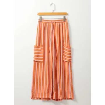EVALESS Palazzo Pants for Women Trendy 2025 Wide Leg High Waisted Summer Beach Loose Striped Trousers with Pockets Orange S