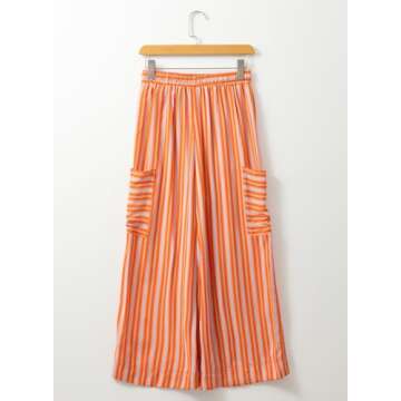 EVALESS Palazzo Pants for Women Trendy 2025 Wide Leg High Waisted Summer Beach Loose Striped Trousers with Pockets Orange S