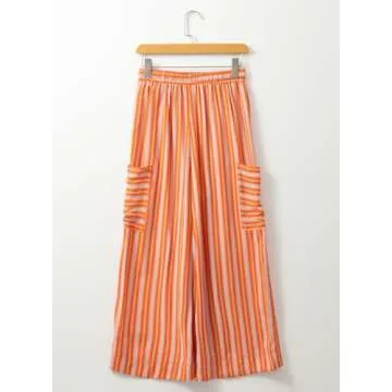 EVALESS Palazzo Pants for Women Trendy 2025 Wide Leg High Waisted Summer Beach Loose Striped Trousers with Pockets Orange S