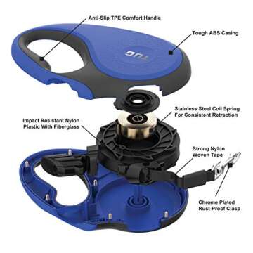 TUG 360° Tangle-Free Retractable Dog Leash with Anti-Slip Handle | 16 ft Strong Nylon Tape | One-Handed Brake, Pause, Lock (Small, Blue)