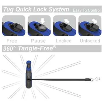 TUG 360° Tangle-Free Retractable Dog Leash with Anti-Slip Handle | 16 ft Strong Nylon Tape | One-Handed Brake, Pause, Lock (Small, Blue)