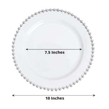 Tableclothsfactory 10 Pack | 10" White/Silver Beaded Rim Plastic Dinner Plates, Disposable Round Party Plates