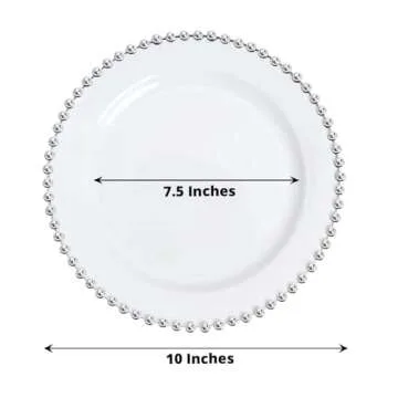 Tableclothsfactory 10 Pack | 10" White/Silver Beaded Rim Plastic Dinner Plates, Disposable Round Party Plates