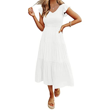 MEROKEETY Women's 2024 Summer Smocked V Neck Tiered Swing Long Midi Dress with Pockets, White, XL