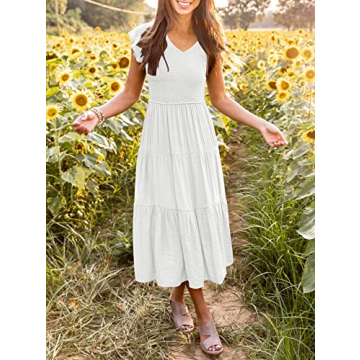 MEROKEETY Women's Summer V Neck Tiered Midi Dress with Pockets