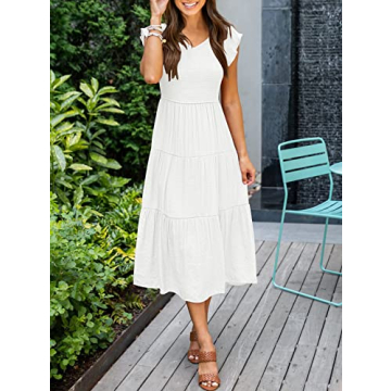 MEROKEETY Women's Summer V Neck Tiered Midi Dress with Pockets