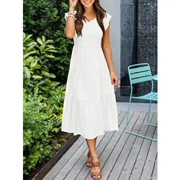 MEROKEETY Women's Summer V Neck Tiered Midi Dress with Pockets
