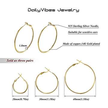 Big Gold Hoop Earrings Set for Women - 3 Pairs Hypoallergenic 925 Silver