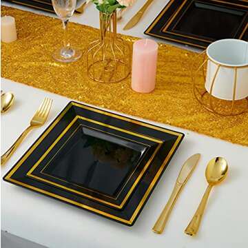 JOLLY CHEF 125 Count Square Black Gold Plastic Plates, Including 25 Disposable Dinner, 25 Dessert, 2...