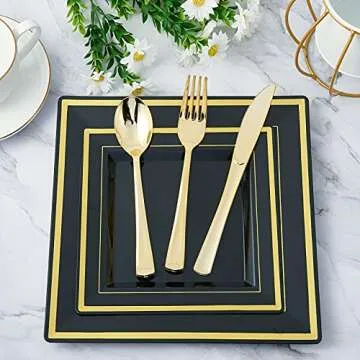 Elegant 125 Count Black Gold Plastic Plates Set for Events