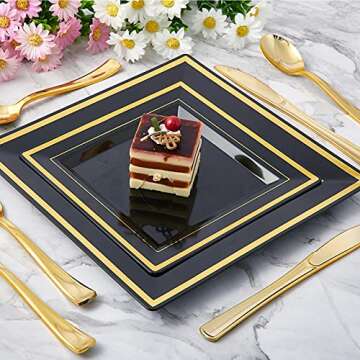 JOLLY CHEF 125 Count Square Black Gold Plastic Plates, Including 25 Disposable Dinner, 25 Dessert, 25 Knives, 25 Forks and 25 Spoons, Plastic Dinner Plates for Weddings and Parties