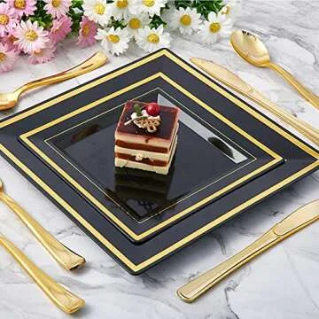 Elegant 125 Count Black Gold Plastic Plates Set for Events