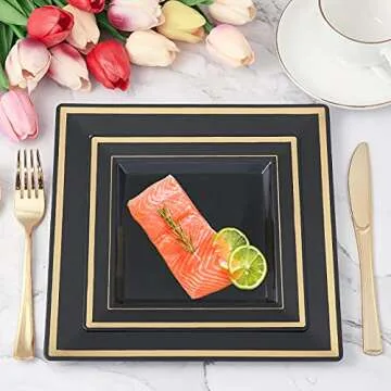 Elegant 125 Count Black Gold Plastic Plates Set for Events