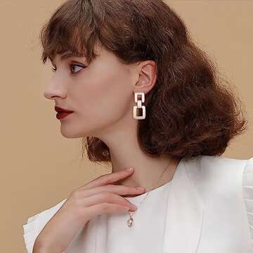 MUYAN Silver Geometric Link Drop Dangle Earrings for Women Trendy Square Earrings Brushed Silver Geo...