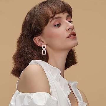 MUYAN Silver Geometric Link Drop Dangle Earrings for Women Trendy Square Earrings Brushed Silver Geometric Statement Earrings