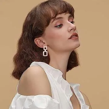 MUYAN Silver Geometric Link Drop Dangle Earrings for Women Trendy Square Earrings Brushed Silver Geometric Statement Earrings