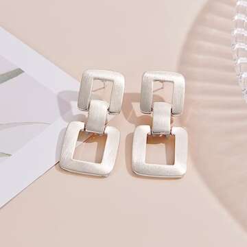 MUYAN Silver Geometric Link Drop Dangle Earrings for Women Trendy Square Earrings Brushed Silver Geometric Statement Earrings