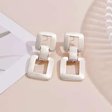 MUYAN Silver Geometric Link Drop Dangle Earrings for Women Trendy Square Earrings Brushed Silver Geometric Statement Earrings