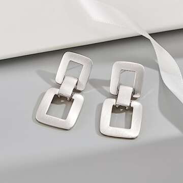 MUYAN Silver Geometric Link Drop Dangle Earrings for Women Trendy Square Earrings Brushed Silver Geometric Statement Earrings