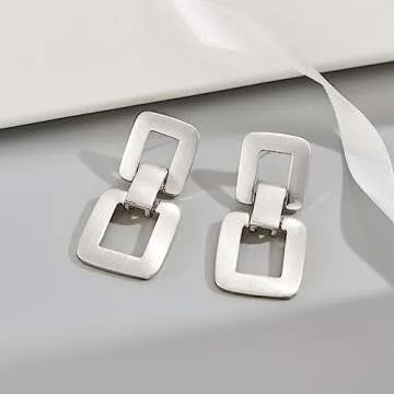 MUYAN Silver Geometric Link Drop Dangle Earrings for Women Trendy Square Earrings Brushed Silver Geometric Statement Earrings