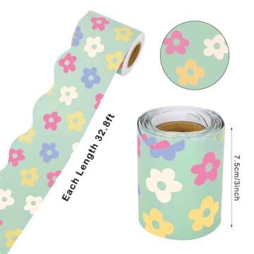 Whaline 196.8ft Pastel Boho Bulletin Board Borders Daisy Flower Checkered Groovy Die-Cut Rolled Board Trim for School Classroom Office Chalkboard, 6 Rolls