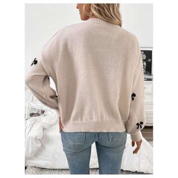 BEAUDRM Women's Y2K Bow Print Sweater Crewneck Long Sleeve Drop Shoulder Knit Pullovers Sweaters Apricot Medium