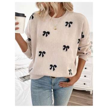 BEAUDRM Women's Y2K Bow Print Sweater Crewneck Long Sleeve Drop Shoulder Knit Pullovers Sweaters Apricot Medium