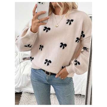 BEAUDRM Women's Y2K Bow Print Sweater Crewneck Long Sleeve Drop Shoulder Knit Pullovers Sweaters Apricot Medium