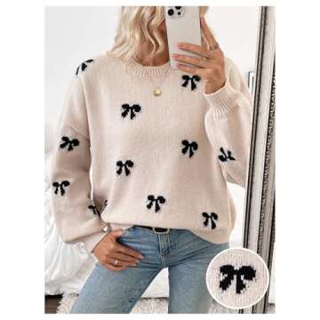 BEAUDRM Women's Y2K Bow Print Sweater Crewneck Long Sleeve Drop Shoulder Knit Pullovers Sweaters Apricot Medium