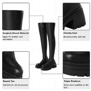 VIMISAOI Womens Chunky Block Platform Boots Fashion Pull On Round Toe Goth Knee High Boots Over the Knee Boots