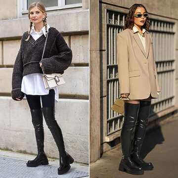 VIMISAOI Womens Chunky Block Platform Boots Fashion Pull On Round Toe Goth Knee High Boots Over the Knee Boots