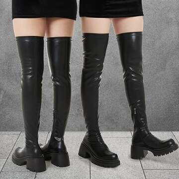 VIMISAOI Womens Chunky Block Platform Boots Fashion Pull On Round Toe Goth Knee High Boots Over the Knee Boots