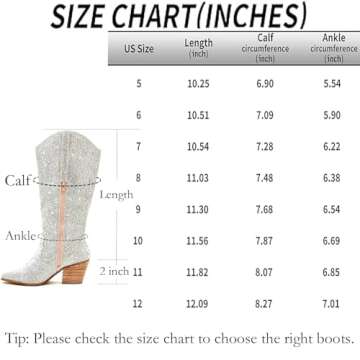 UUQ Women's Cowboy Knee High Boots Rhinestone Cowgirl Boots Western Pointed Toe Block Chunky Heel 5cm Zipper Pull On Sparkle Mid Calf Knee High Boots for Women Girl Party