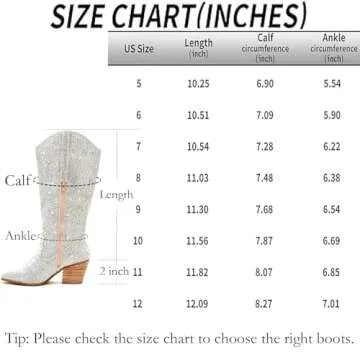 UUQ Women's Cowboy Knee High Boots Rhinestone Cowgirl Boots Western Pointed Toe Block Chunky Heel 5cm Zipper Pull On Sparkle Mid Calf Knee High Boots for Women Girl Party