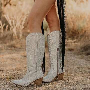 UUQ Women's Cowboy Knee High Boots Rhinestone Cowgirl Boots Western Pointed Toe Block Chunky Heel 5cm Zipper Pull On Sparkle Mid Calf Knee High Boots for Women Girl Party