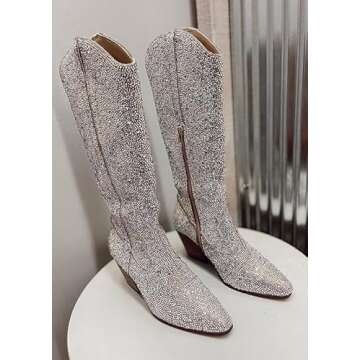 UUQ Women's Cowboy Knee High Boots Rhinestone Cowgirl Boots Western Pointed Toe Block Chunky Heel 5cm Zipper Pull On Sparkle Mid Calf Knee High Boots for Women Girl Party