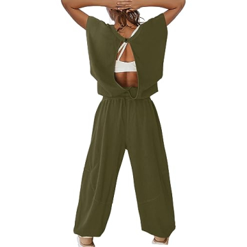 LAMISSCHE Womens Oversized Wide Leg Jumpsuit with Pockets Elastic Waist Workout Onesie Romper Open Back Outfits