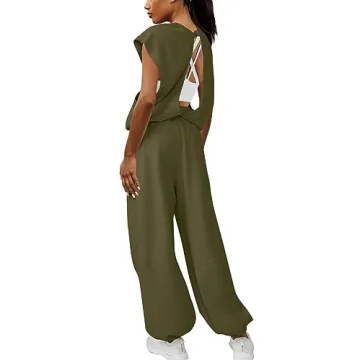 LAMISSCHE Womens Oversized Wide Leg Jumpsuit with Pockets Elastic Waist Workout Onesie Romper Open Back Outfits