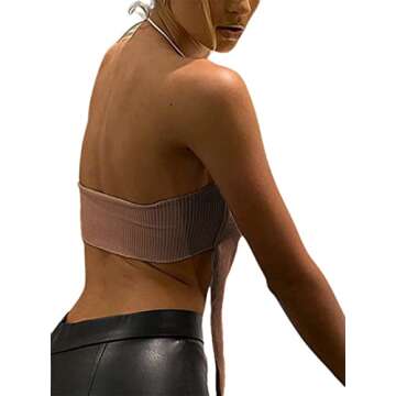Remidoo Women's Sexy Halter Top Asymmetrical Backless Spaghetti Strap Cropped Tank Tops Dark Brown Large