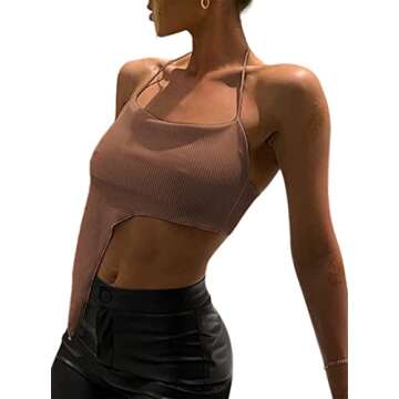 Remidoo Women's Sexy Halter Top Asymmetrical Backless Spaghetti Strap Cropped Tank Tops Dark Brown Large