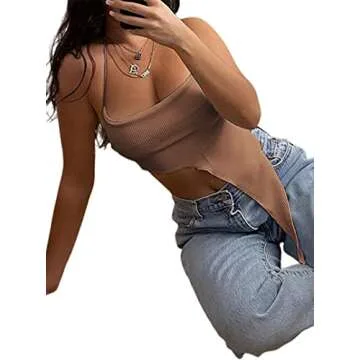Remidoo Women's Sexy Halter Top Asymmetrical Backless Spaghetti Strap Cropped Tank Tops Dark Brown Large