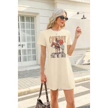 Cowboy Western Dress for Women: Vintage Rodeo Graphic Dresses Country Music Sundress Short Sleeve Cowgirl Outfits Apricot