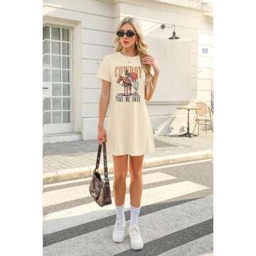 Cowboy Western Dress for Women: Vintage Rodeo Graphic Dresses Country Music Sundress Short Sleeve Cowgirl Outfits Apricot