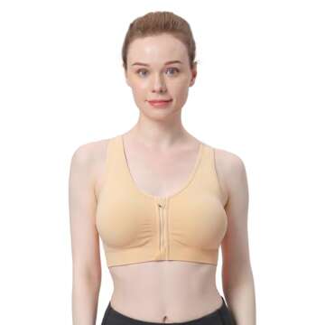 Women's Zip Front Sports Bra Wireless Post-Surgery Bra Zipper Closure Bras Padded Surgical Bra Racerback Workout Bras Active Yoga Sports Bra Zip Up Bras Breast Augmentation Bra (X-Large, 3 pack Flesh)